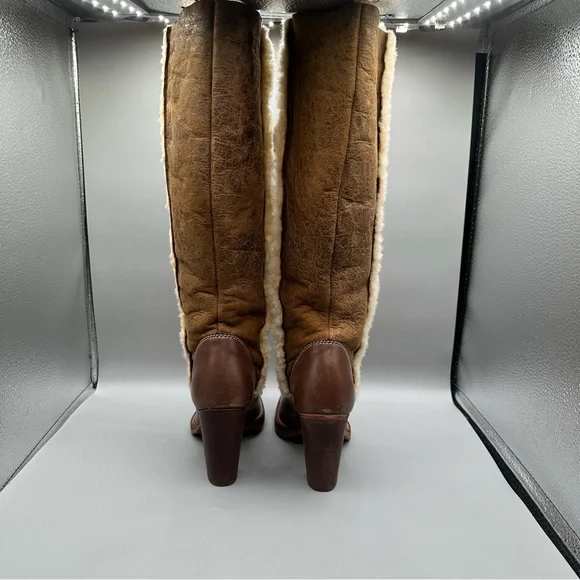 MICHAEL KORS Brown Leather Suede Sherpa Lined Tall Fold Over Heeled Boots Sz 5.5 - Picture 5 of 9